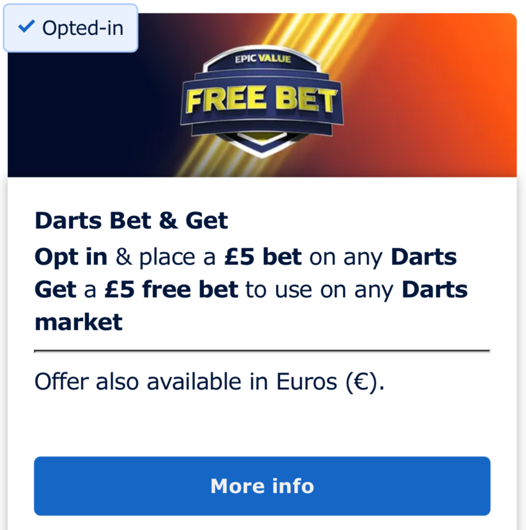 Bet and get offer from bookie site - bet £5 on darts and get a £5 free darts bet